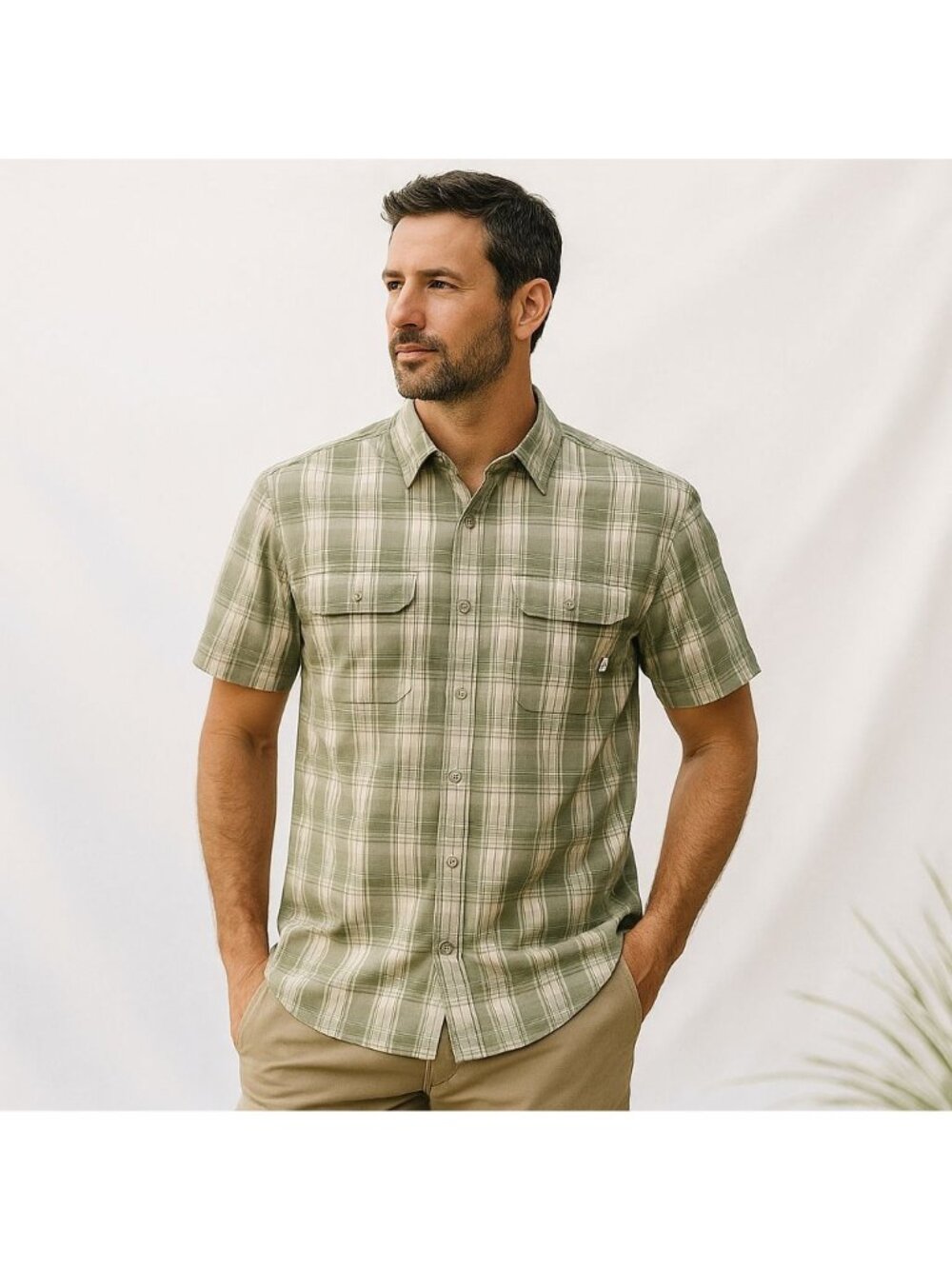 Wellen Mens Eddy Shirt Green Plaid Snap Front Vented Short Sleeve Size L